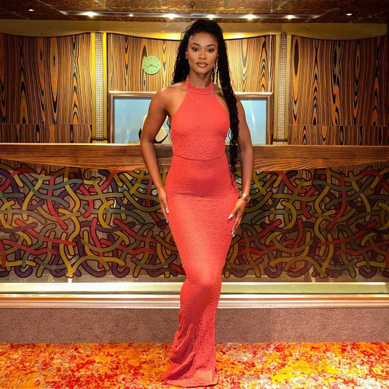 Summer Solid Color Round Neck Sleeveless Slim High Waist Long Dress 3