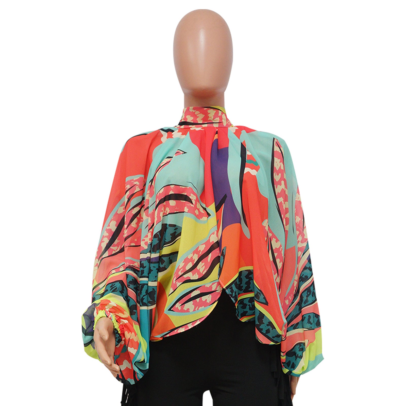 Women's Summer Lace-Up Printed Chiffon Shirt Bat Sleeves Top 30