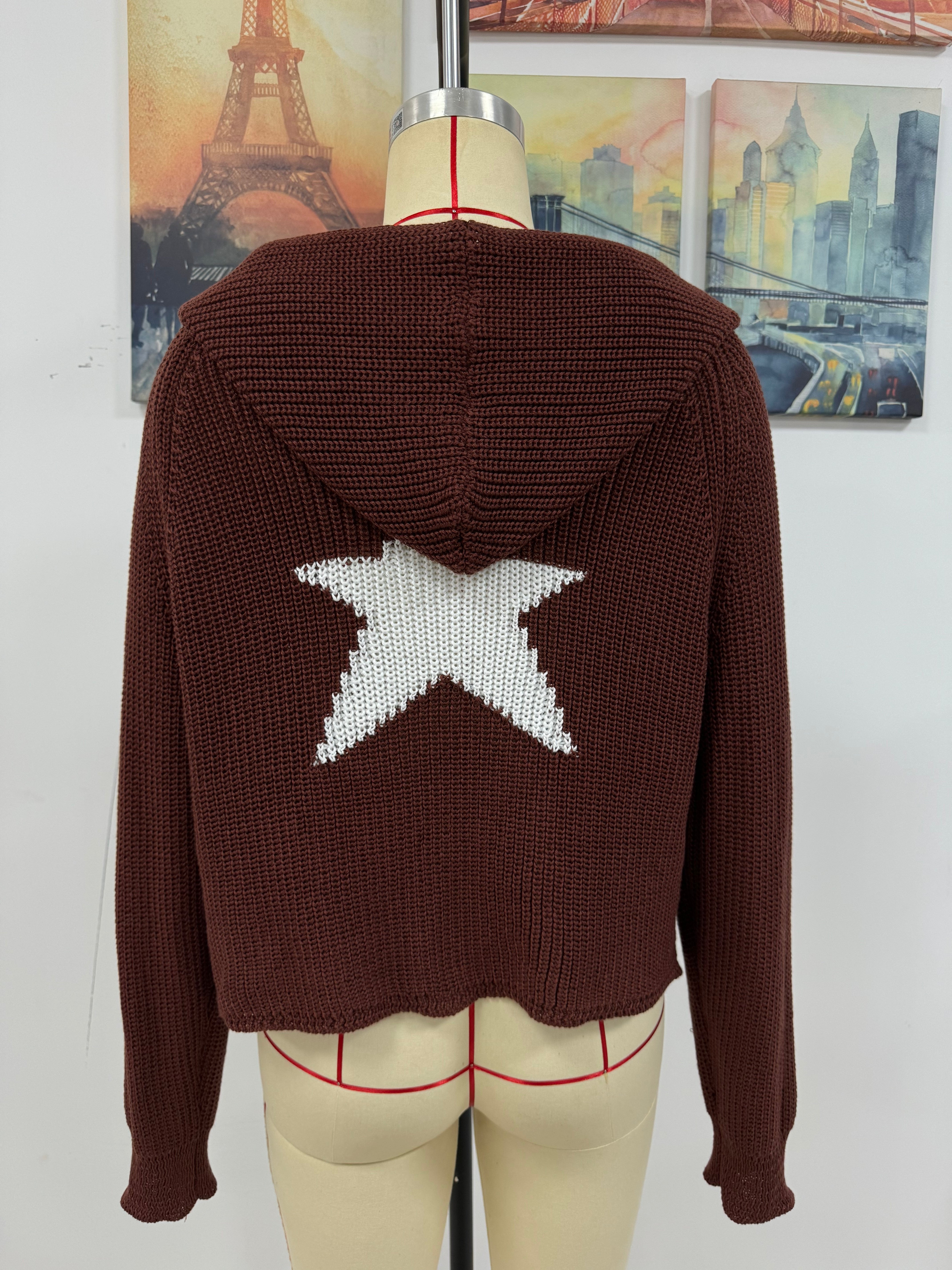 Women Autumn Winter Pullover Hooded Knitting Shirt Pocket Long Sleeve Five-Pointed Star Sweater 29