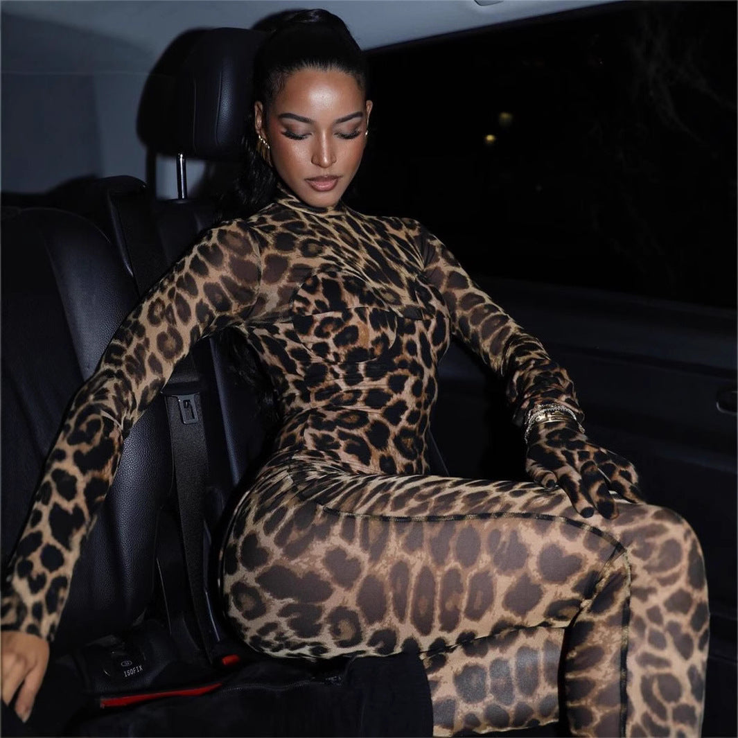Women's Spring Leopard Print Mesh Long Sleeve Tight Fitting Sexy Jumpsuit 4
