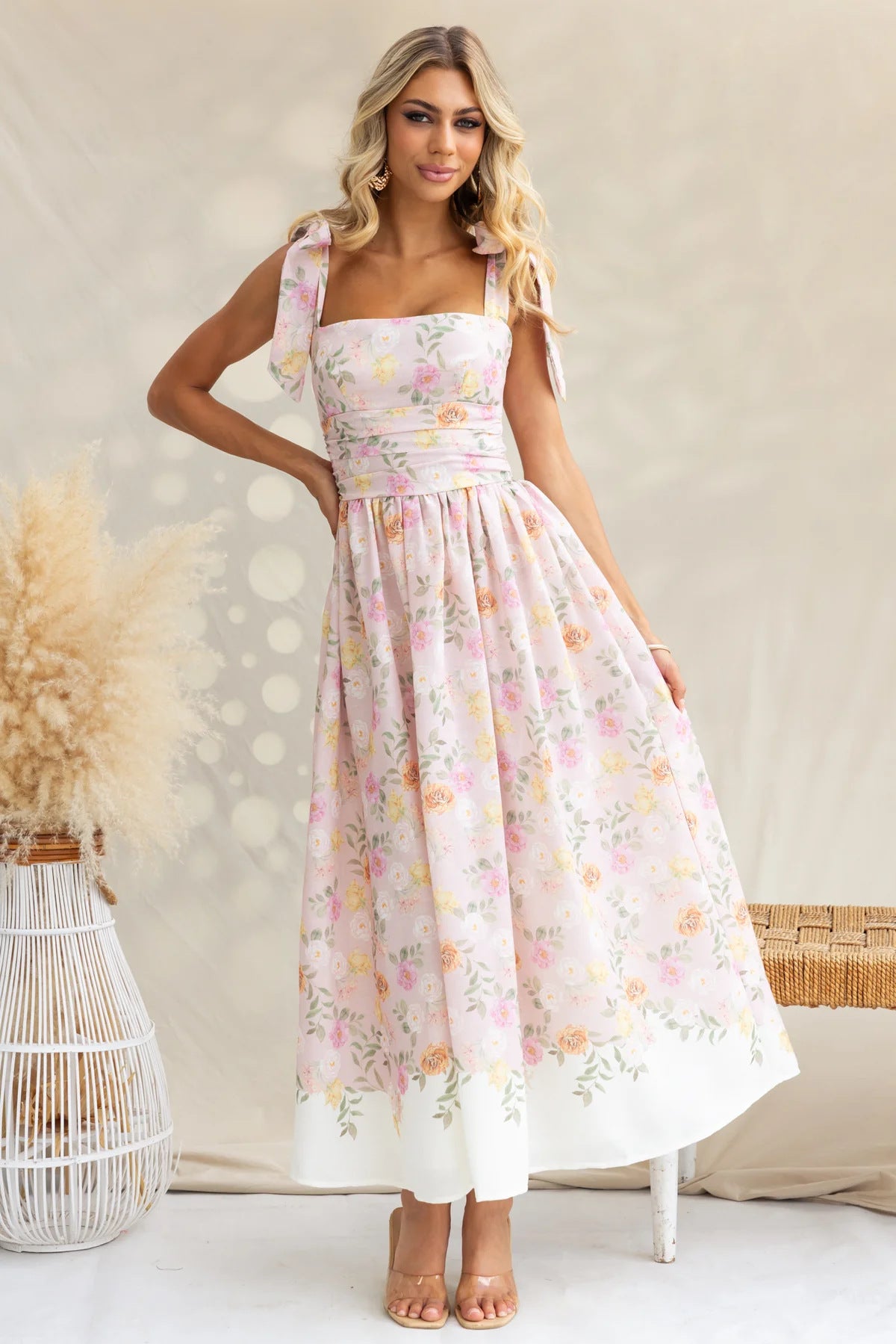 Floral Slim Waist Strap Dress Summer Holiday Long Gown 14