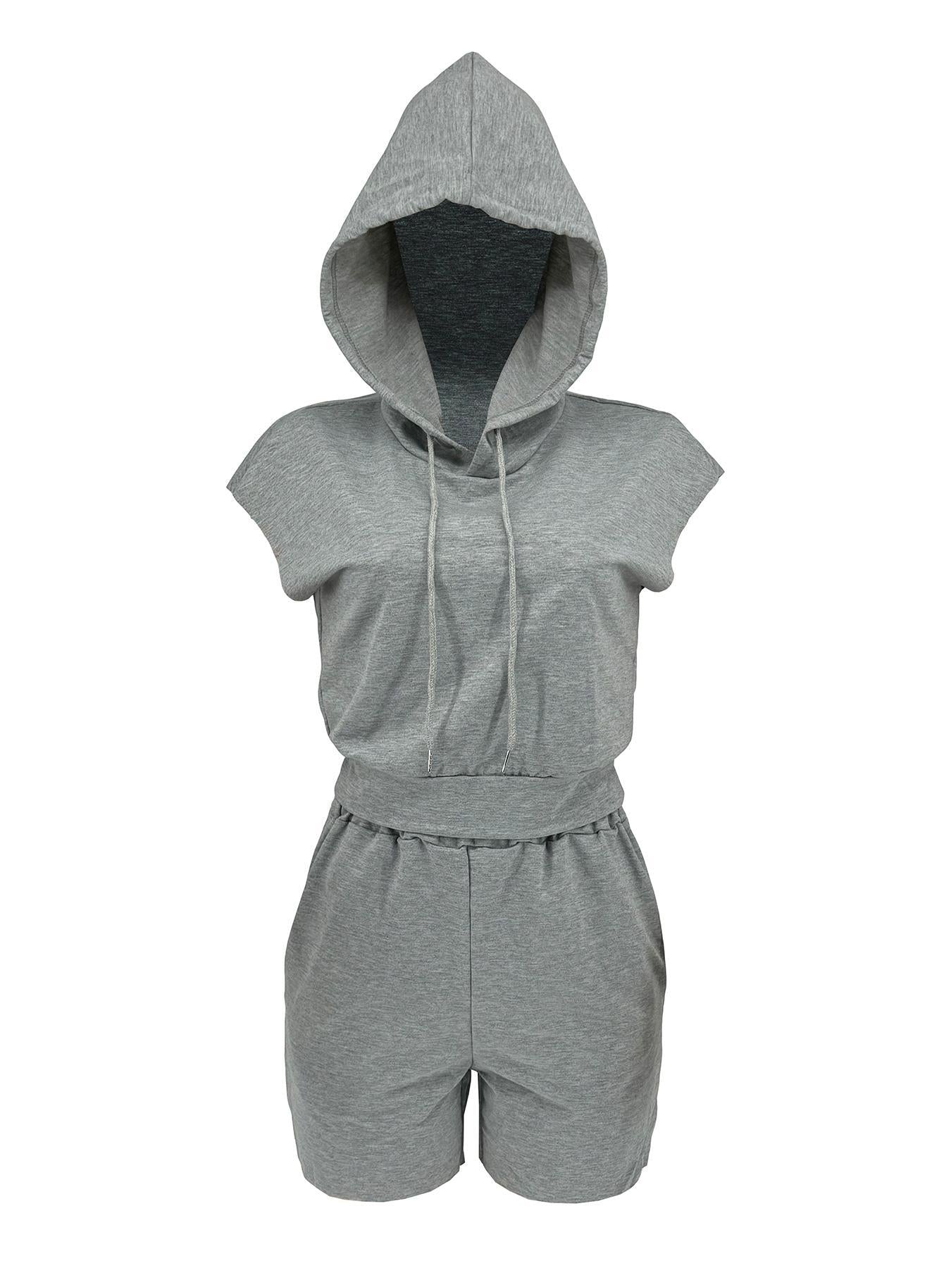 Women Summer Hooded Pocket Sports Solid Top and Shorts Casual Two-piece Set 16