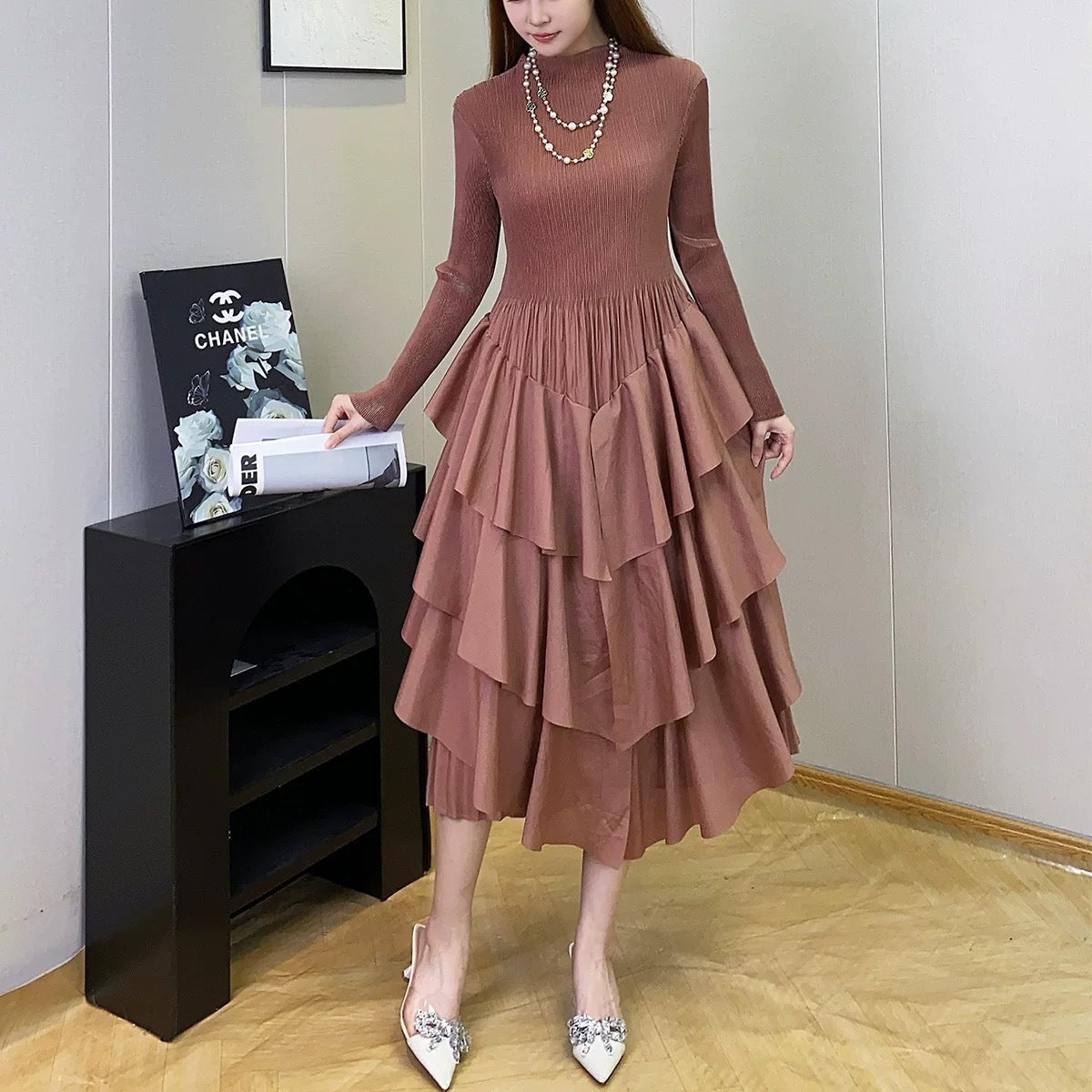 Plus Size Fashion Flounce Chic Slim Waist Elegant Solid Cascading Ruffles Dress 14