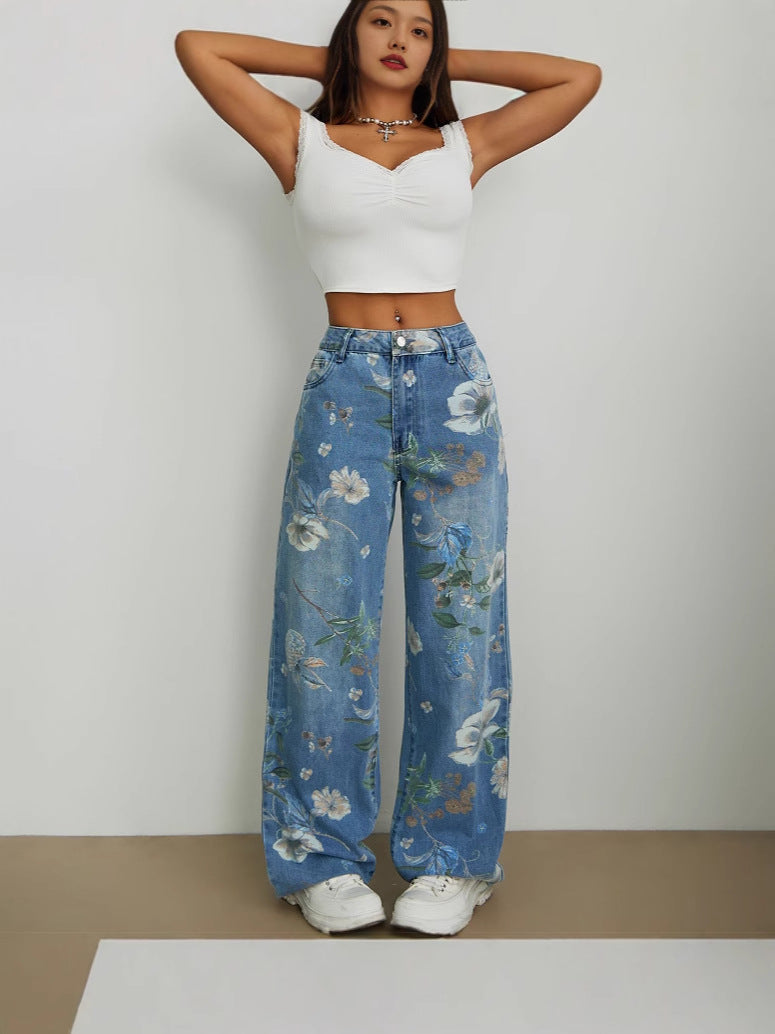 Street fashion printed loose straight wide leg denim trousers