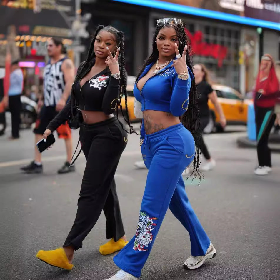 Fashionable street printed zipper short hoodies high waist straight trousers two piece set 7