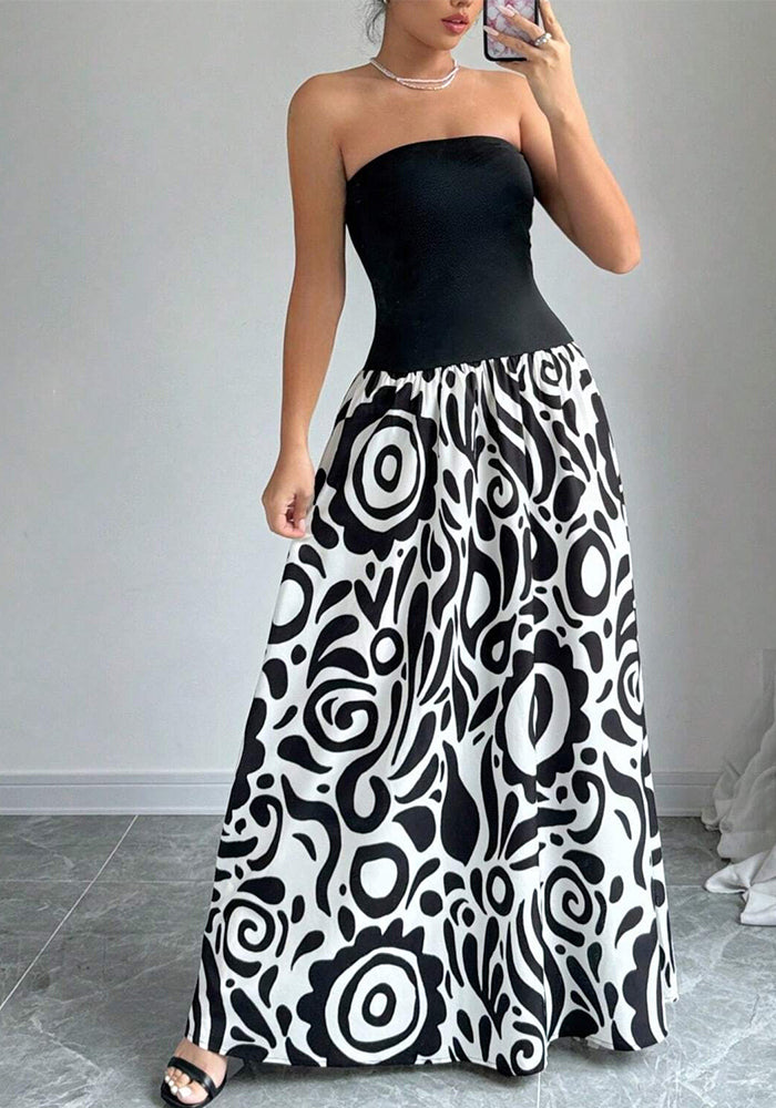 Women Patchwork Geometric Print Backless Strapless Dress