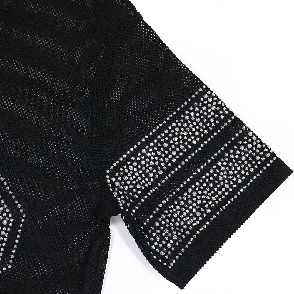 Women See-Through Round Neck Sexy Slit Beaded Top 18