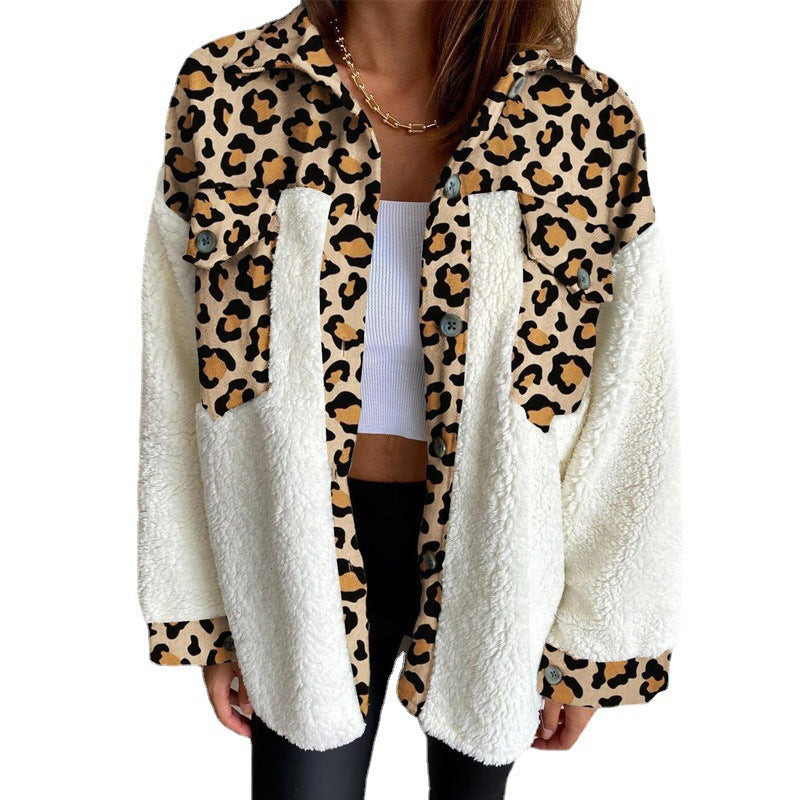 Women Turndown Collar Leopard Plaid Print Furry Patchwork Contrast Warm Long Sleeve Shirt 11