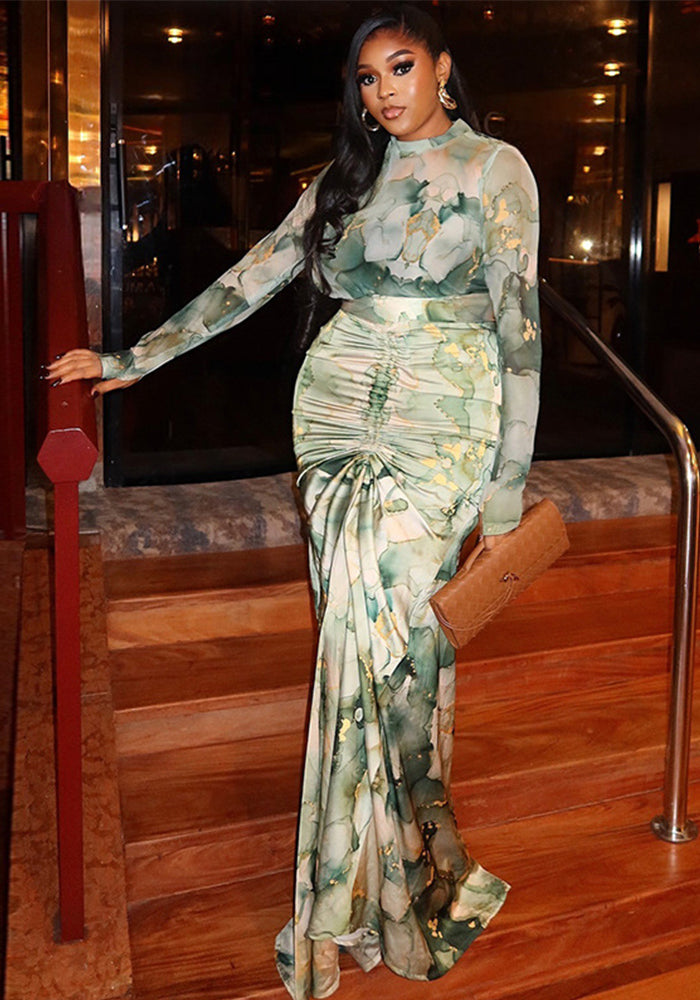 Women Casual Printed Turtleneck Top and Pleated Long Skirt Two-piece Set