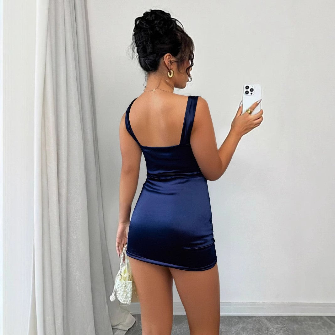 Summer slim women's sexy strap ruched Bodycon Dress