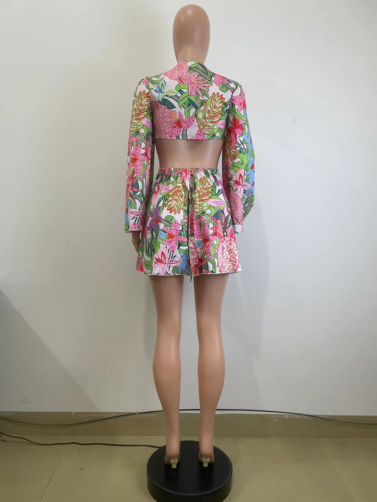 Women's Spring Summer Floral Deep V Bell Bottom Sleeve Tied Crop Top Short Skirt Two-Piece Set 22