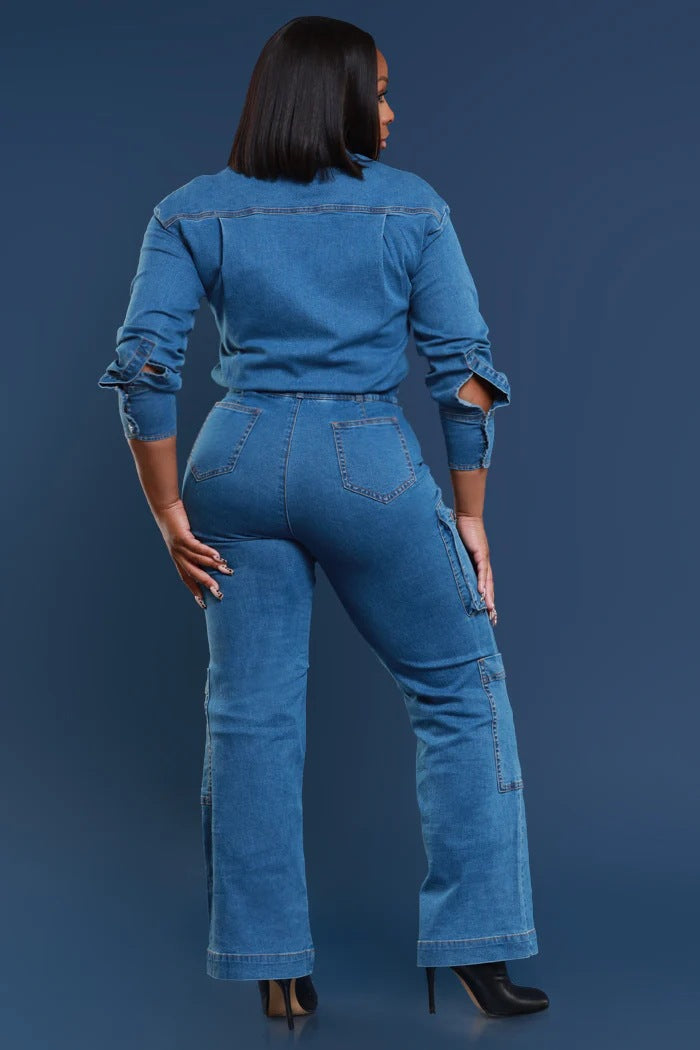 Women Stretchy long sleeve Cargo Denim Jumpsuit 4