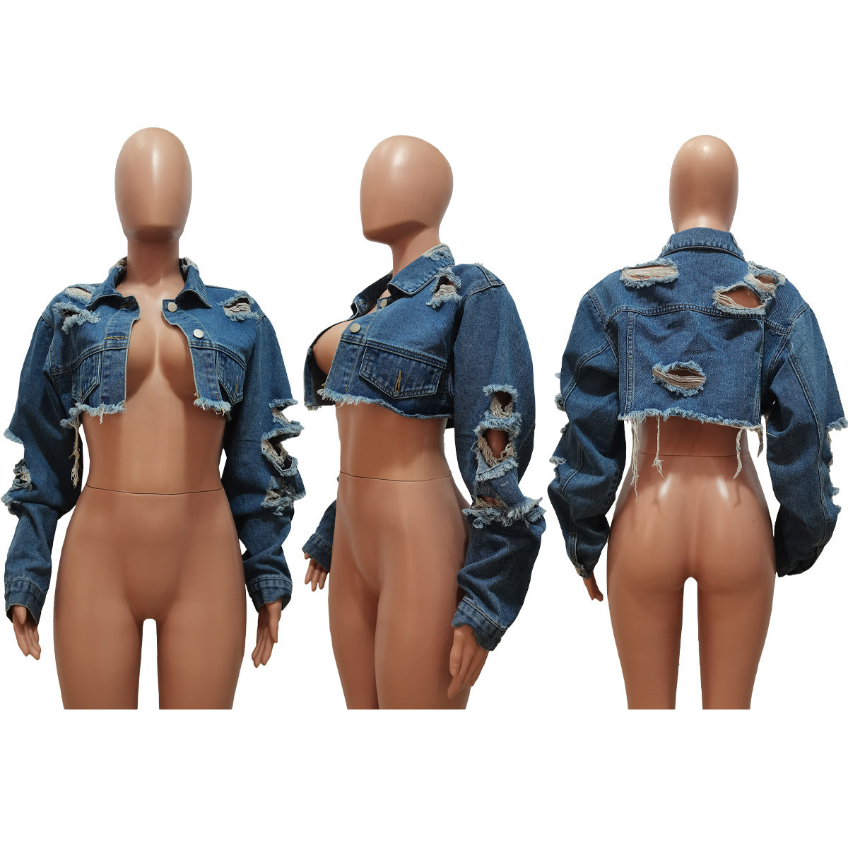 Women Irregular Denim Ripped Wash Casual Jacket 12