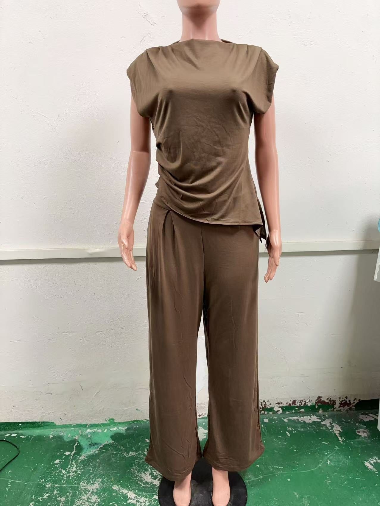 Women Summer Solid Irregular Top and Pants Two-piece Set 14