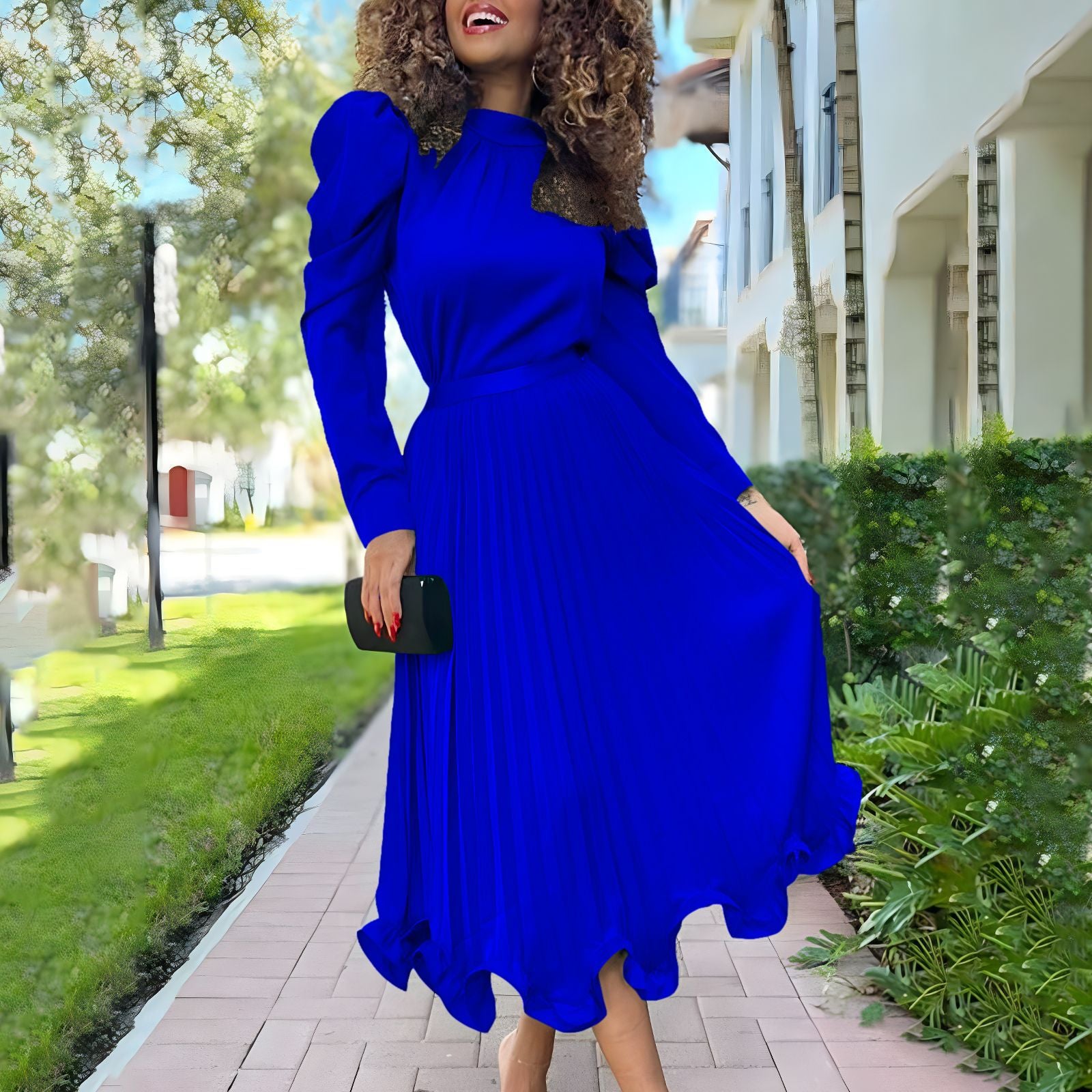 Women's Autumn Puff Sleeve Top Pleated Skirt Two Piece African Suit 10