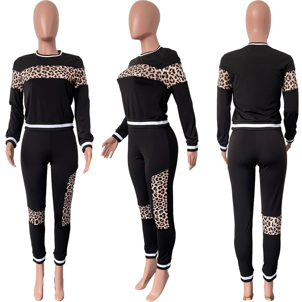 Women Fall and winter leopard print Patchwork long-sleeved top and Pant two-piece set 9