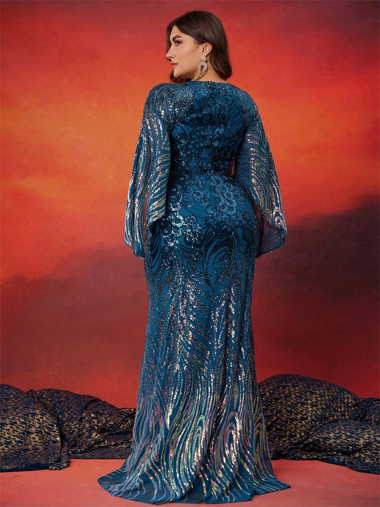 Plus Size Women Strechy Gradient Sequin Round Neck Long Sleeve Split Sleeve Cocktail Dinner Evening Dress 3