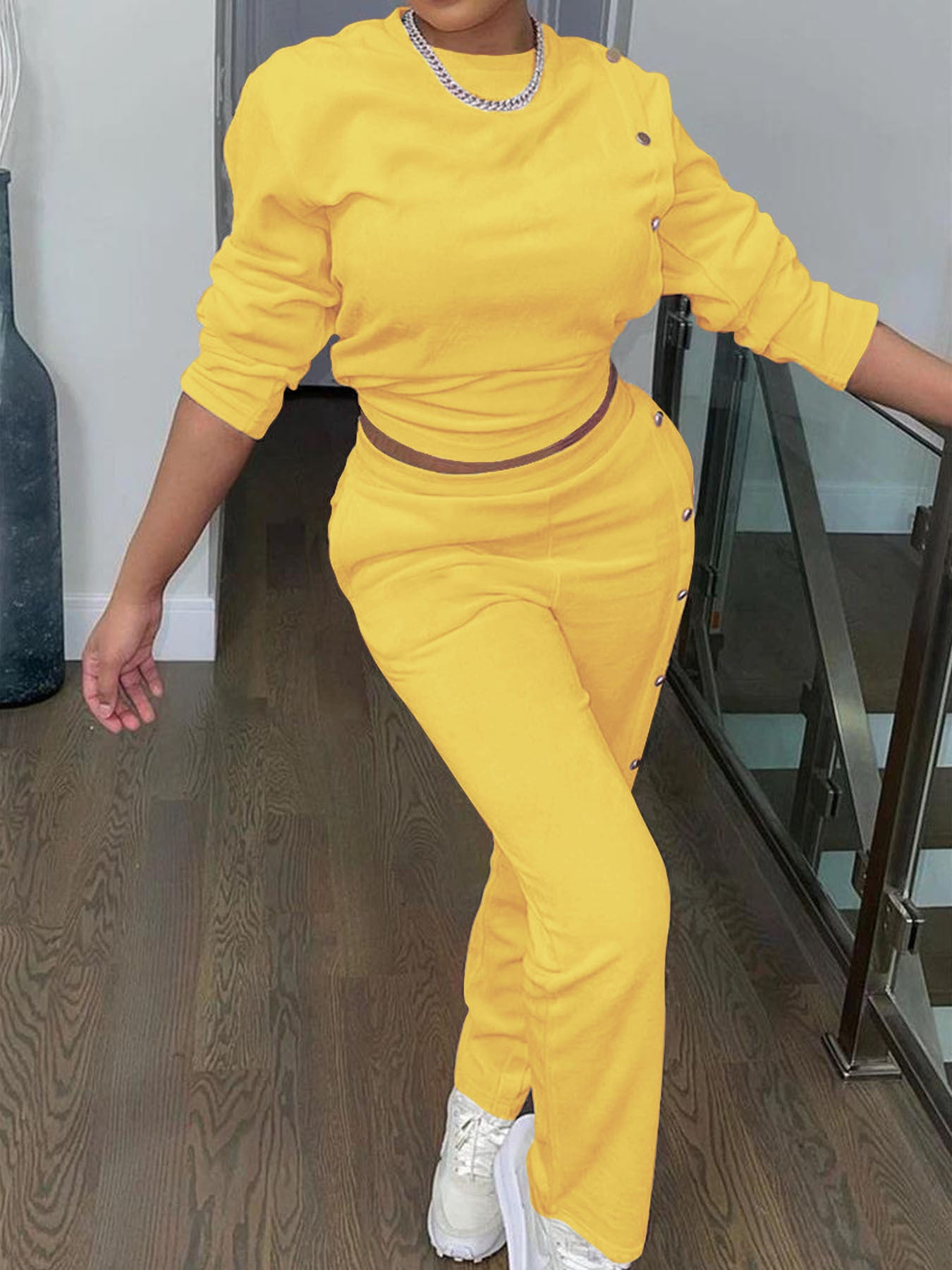 Women Button Fashion Long Sleeve Top and Long Pants Casual Two-piece Set 8