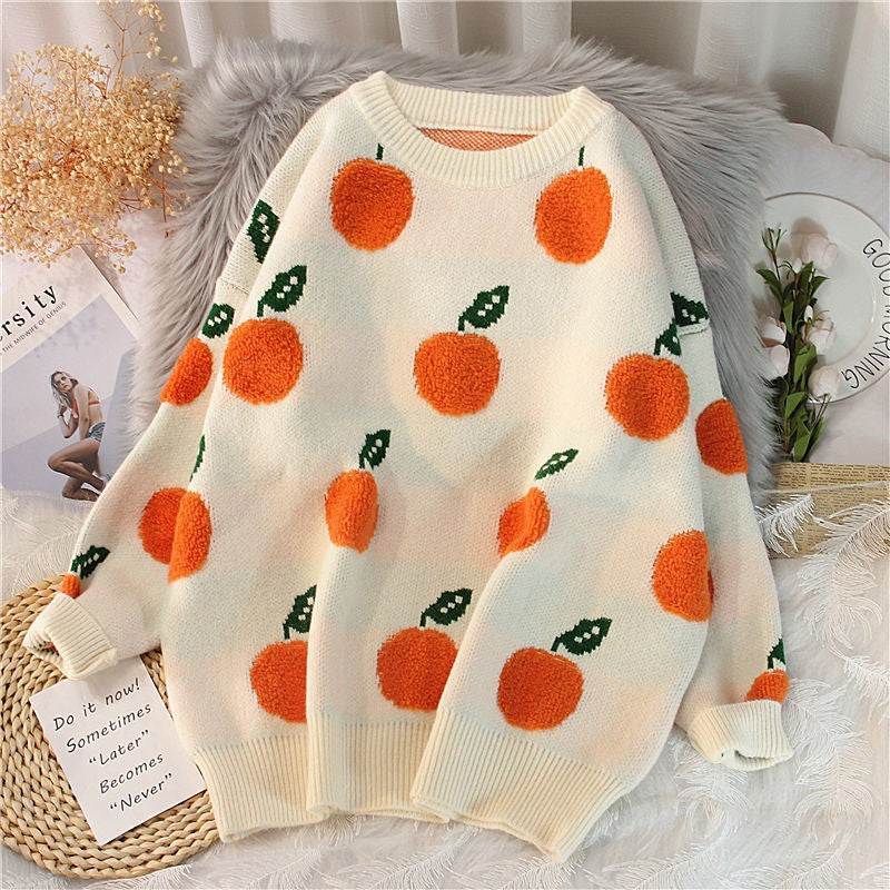 Women Fall/Winter Round Neck Sweater Fruit Jacquard Top 8