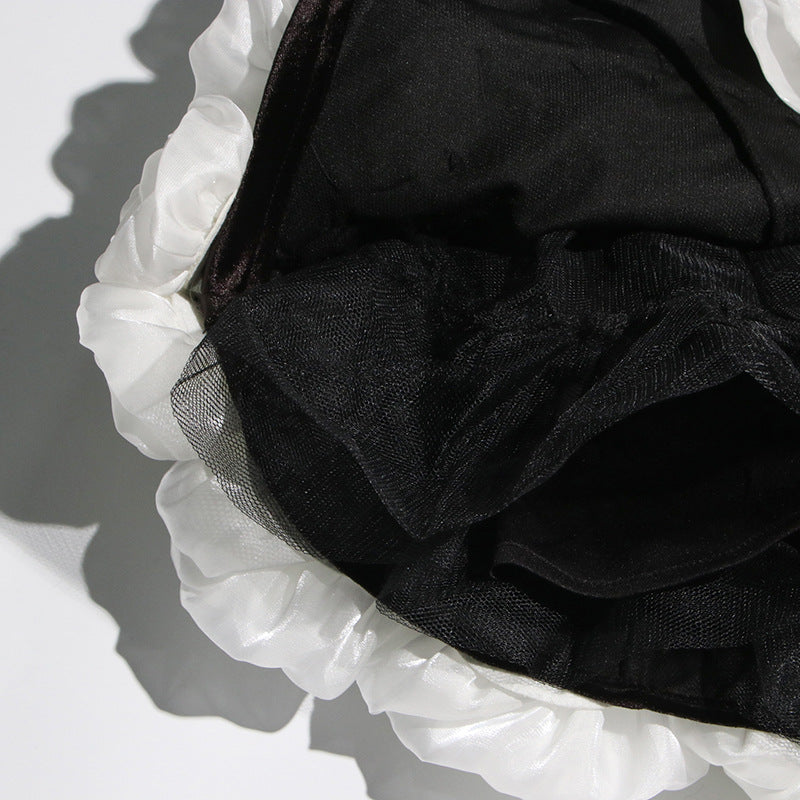 Women sexy velvet wrap chest white rose puffy dress 14