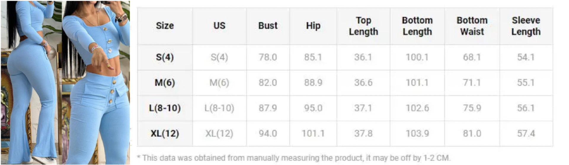 Women u-neck buttoned nine-quarter sleeves Top and Bell Bottom trousers two-piece set 9