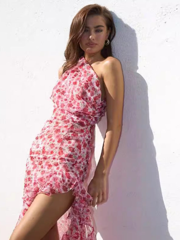 Summer women's Floral Slash Shoulder sexy side slit Lace-Up long dress 4