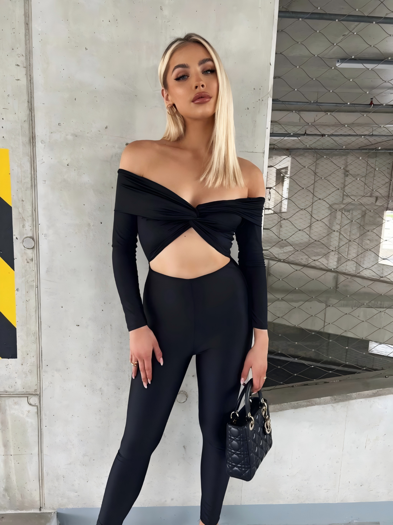 Sexy Women's Solid Color Off Shoulder Hollow Long Sleeve Tight Slim Jumpsuit 7