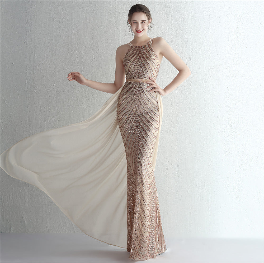 Positioning flower sequins evening dress craft beading Halter Neck style Chic glamorous lady Formal Party long gown 11
