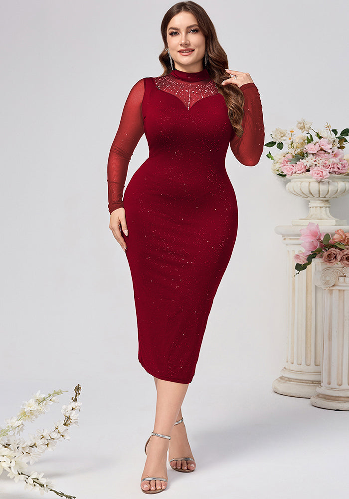 Plus Size Women Long Sleeve Sequin Sexy Formal Party Evening Dress