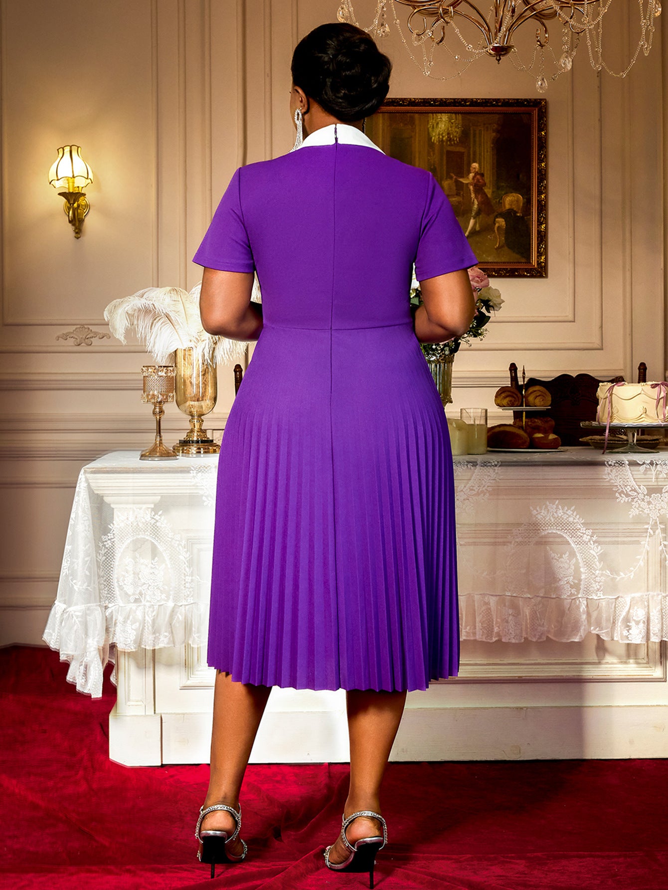 Plus Size Women Elegant Purple Pleated White Bow Square Neck Dress 3