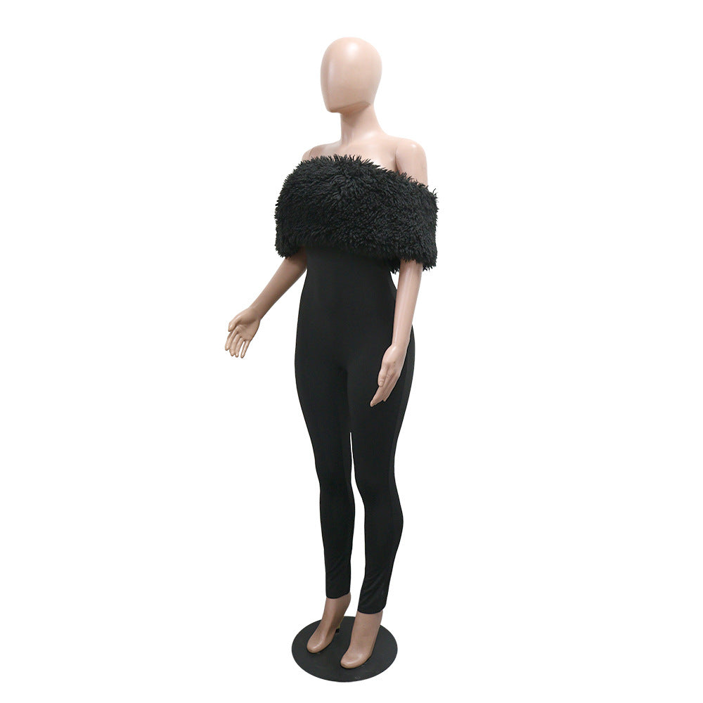 Off Shoulder Furry Patchwork Slim-Fit Jumpsuit 6