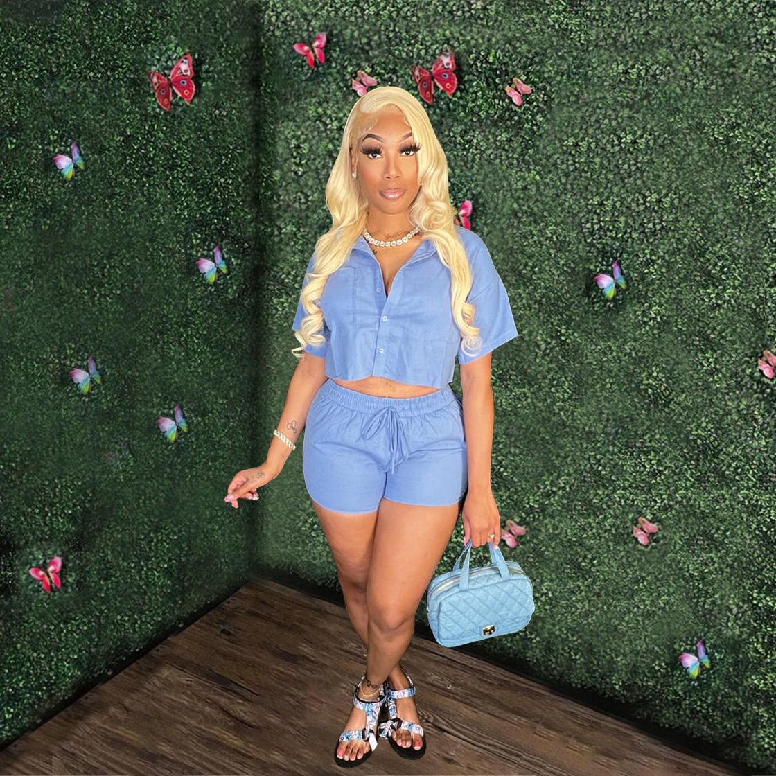 Ladies Short Sleeve Shirt Set Elastic Pocket Shorts Two-Piece Set 14