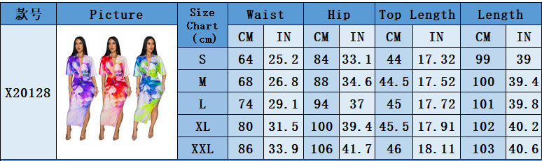 Summer Sexy Printed V Neck Top Side Slit Long Skirt Two Piece Set 9