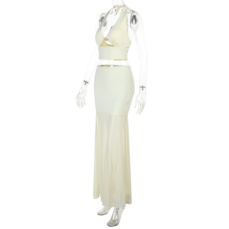 Women's Sexy High Waist Mesh Patchwork Long Skirt Halter Neck Hollow Vest Holidays Two Piece Set 7