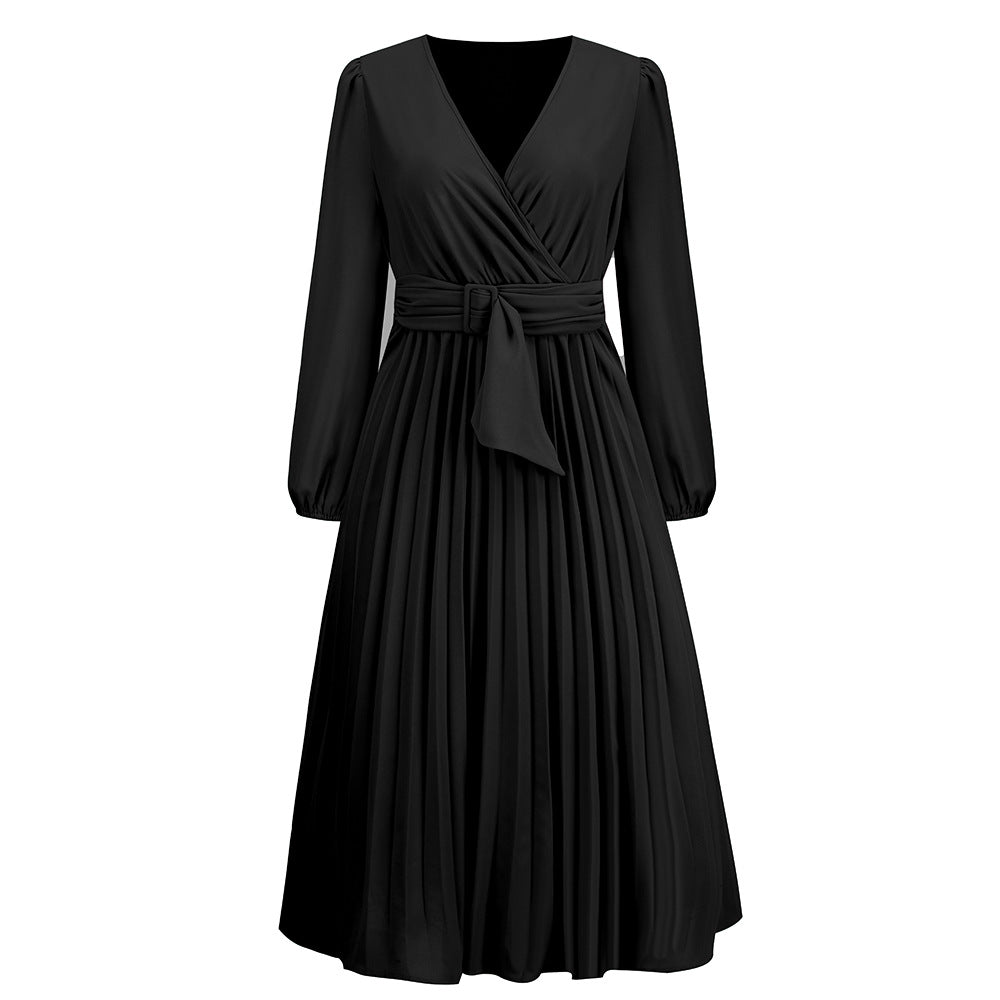 Women Long-Sleeved Pleated Belt V-Neck Dress 13