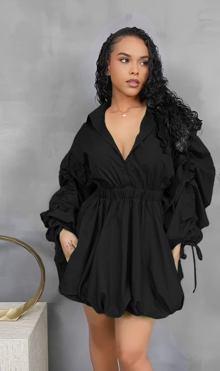 Sexy Casual Drawstring Puff Long Sleeve Shirt Dress 5