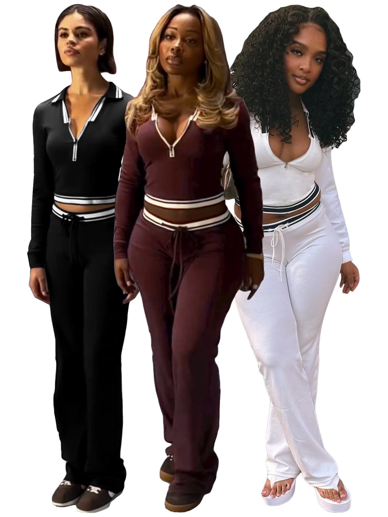 Women Turndown Collar Half-Zip Top and Drawstring Wide-Leg Pants Casual Athletic Two-Piece Set 5