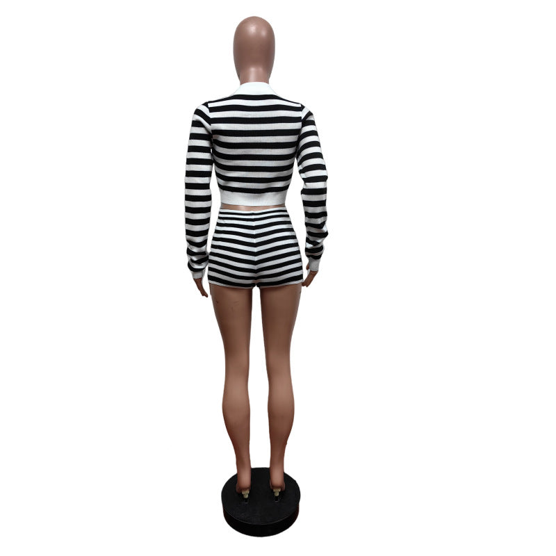 Women Stretchy Striped Lace-up Turndown Collar Long Sleeve Top And Shorts Two-piece Set 6