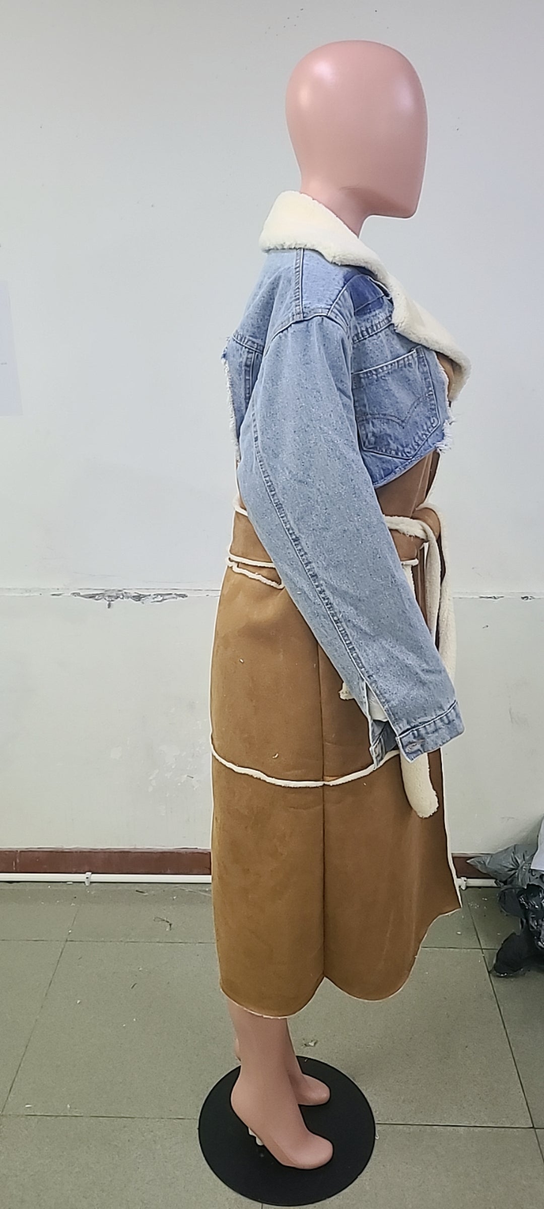 Winter Blue Denim Patch Fleece Full Sleeves Thick Long Coat 8