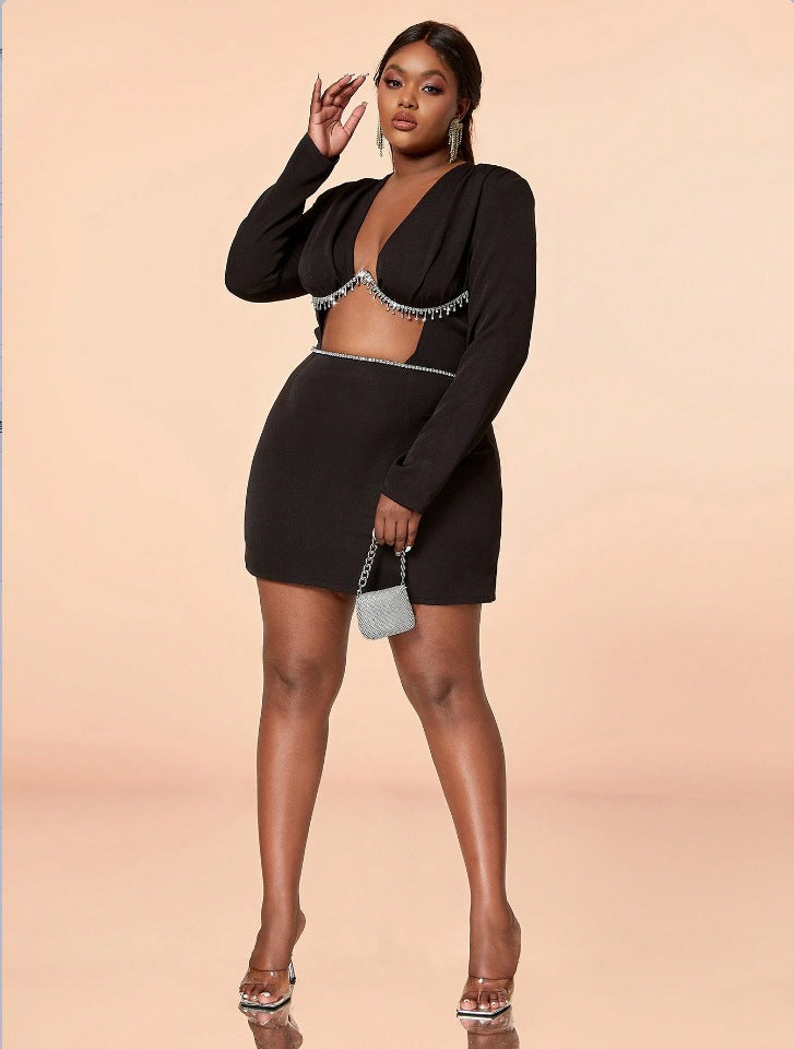 Plus Size Women Dress Hollow Design Diamond Chain Decoration Party Dress Cocktail Pleated Dress 6