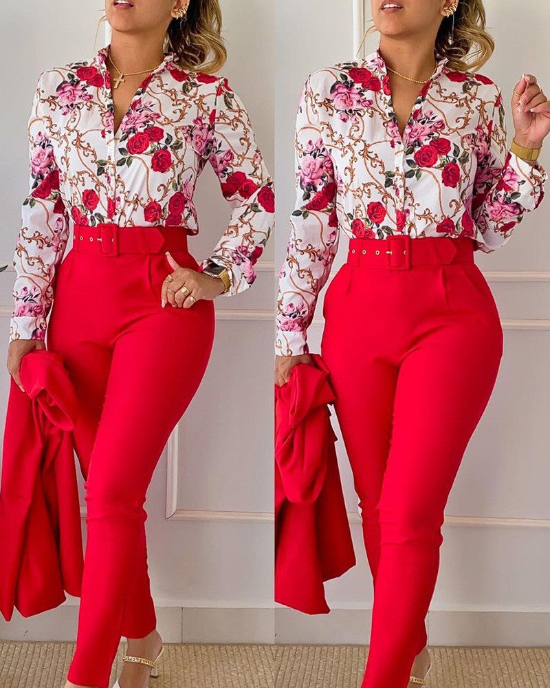 Women Long Sleeve Printed Shirt + Solid Pant Casual Two-Piece Set (No Jacket) 14