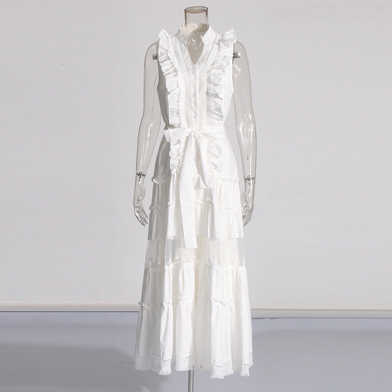 Women's Sleeveless Ruffle Chic Slim Waist Fashion Long Dress 13