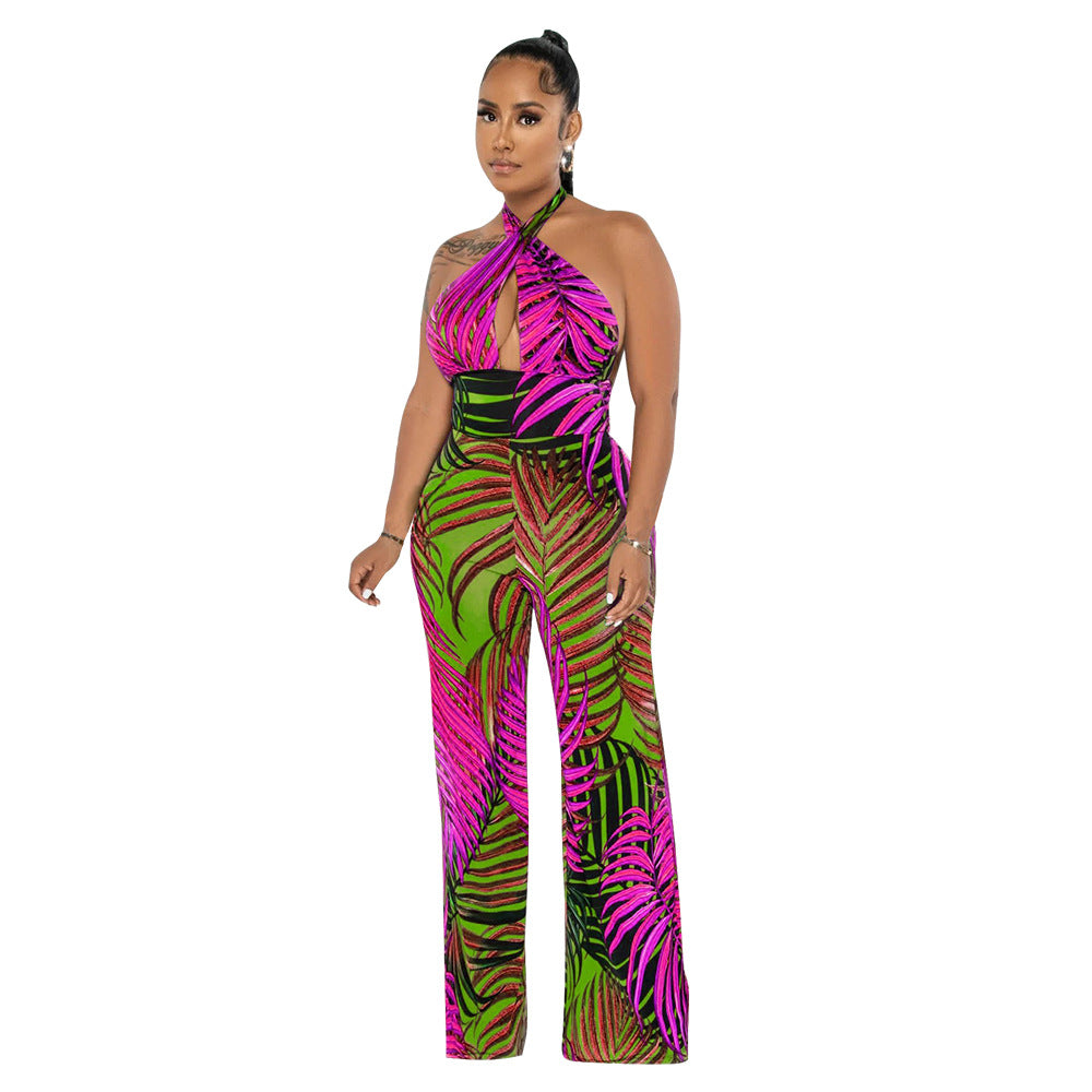 Women Sexy Backless Lace-Up Print Sleeveless Jumpsuit 8