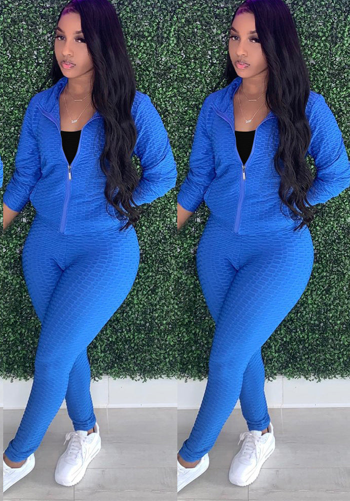 Women's Stand Collar Hoodless Jacquard High Stretch Fabric Long Sleeve Pant Set Two Piece