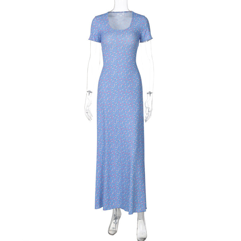 Women Summer Printed U-neck Lace-Up Short Sleeve Dress 13