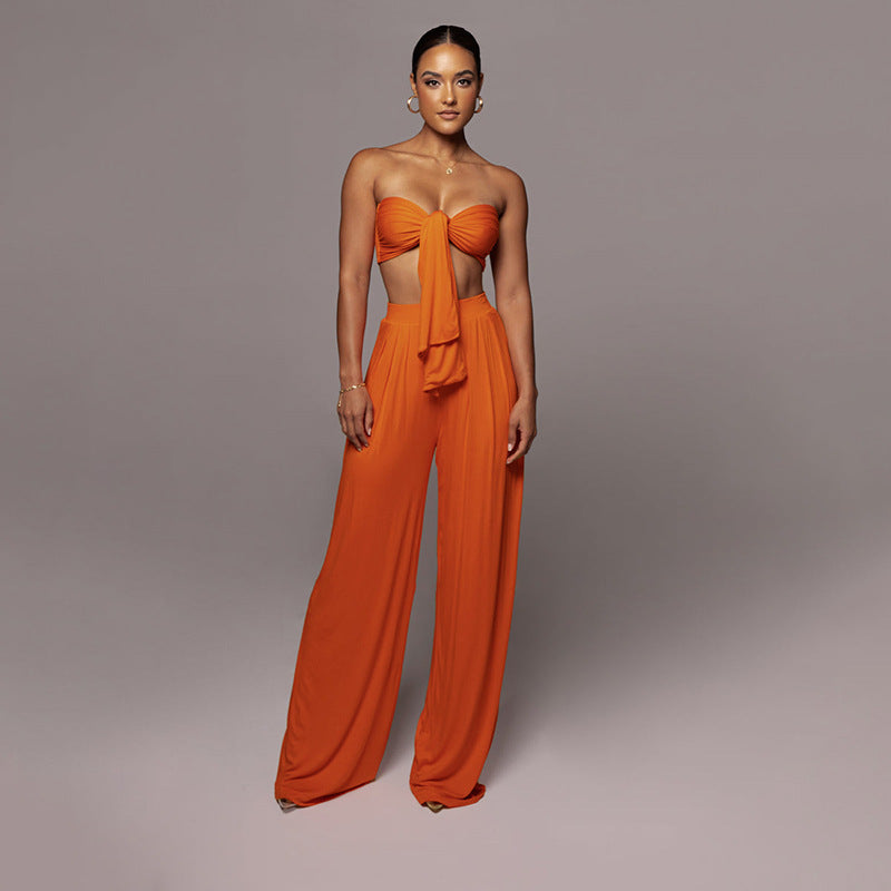 Women's Sexy Solid Color Tie Strapless Top Mid-Waist Wide Leg Pants Fashion Casual Two Piece Set 3