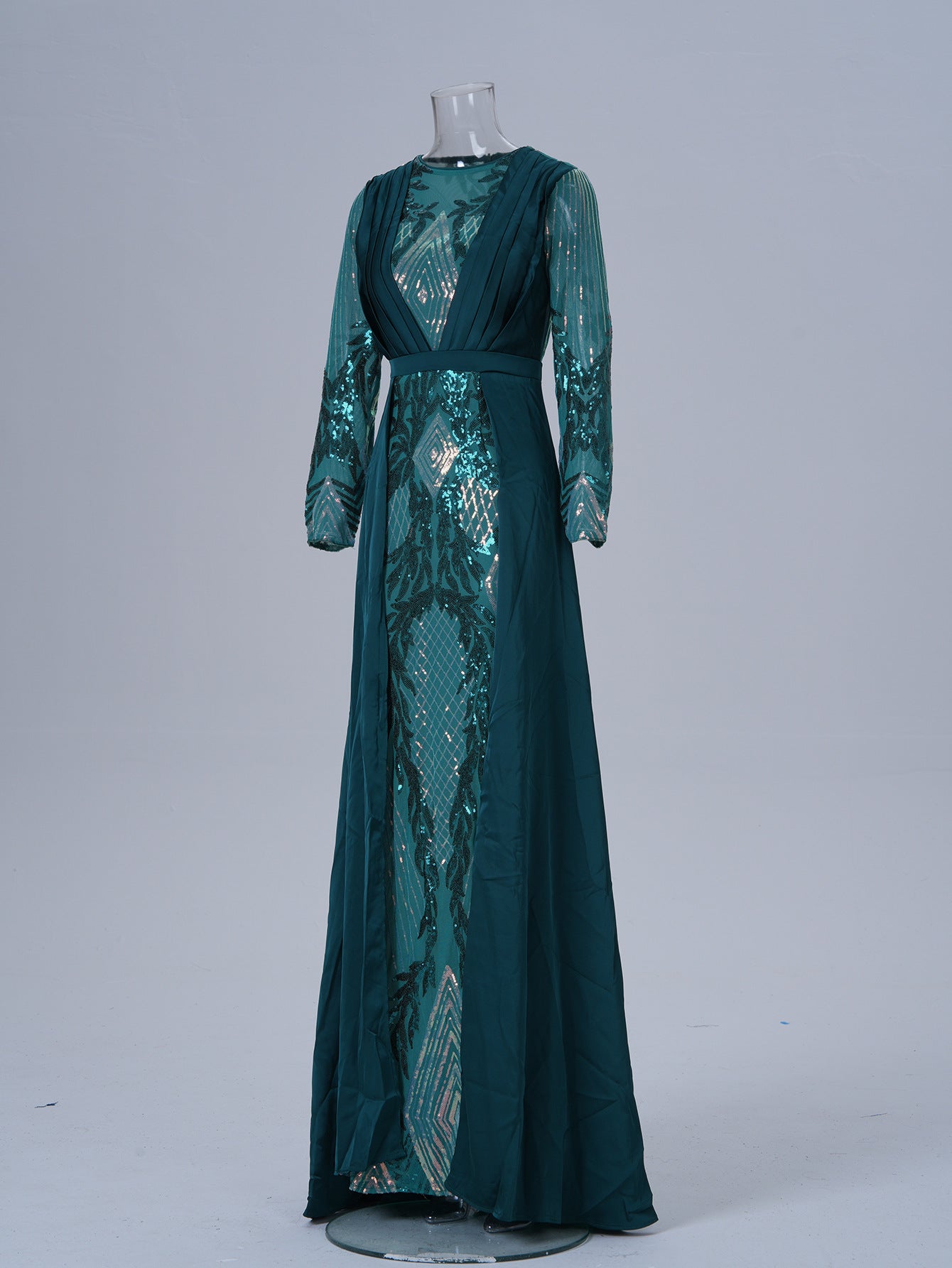 Women Long Sleeve Round Neck Sequined Formal Party Maxi Cape Fishtail Evening Dress 8