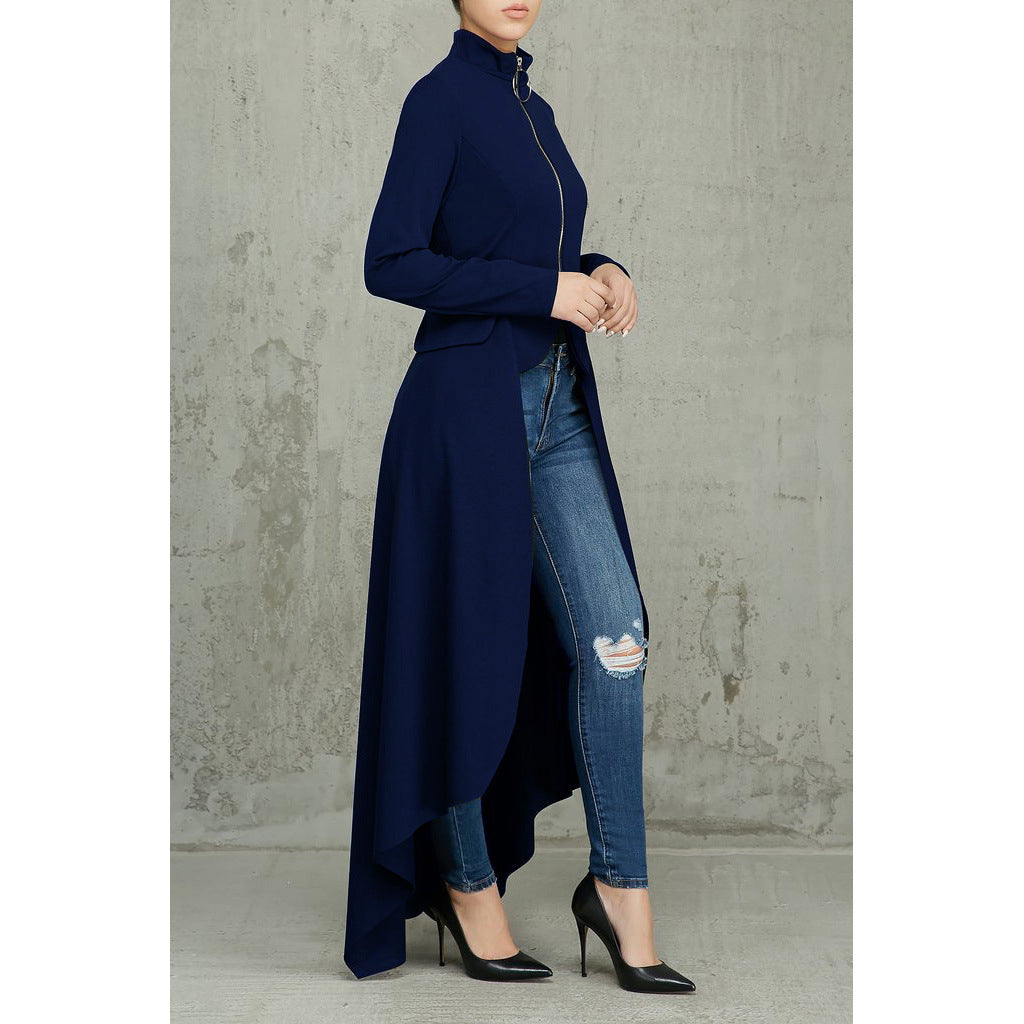 Spring Long-Sleeved High-Neck Slim Zipper Irregular Long Dress 52