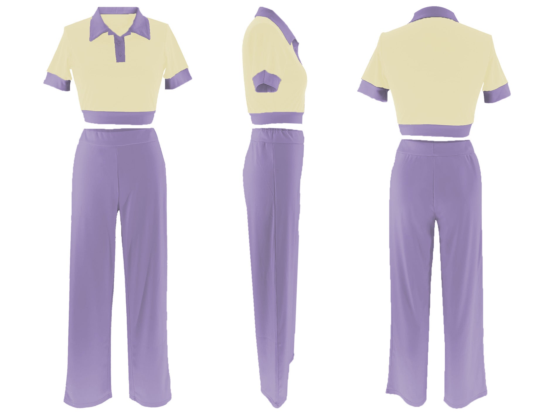 Women's Summer Patchwork Contrast Color Turndown Collar Short Sleeve Top Wide Leg Pants Fashion Two Piece Set 25