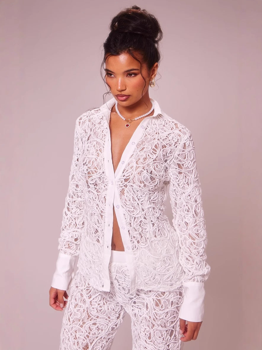 Autumn Slim Sexy Hollow Jacquard Lace Two Piece Pants Set